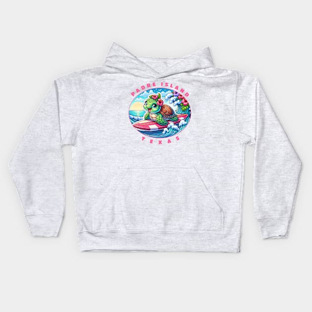 Padre Island Texas Girls Cute Surfing Sea Turtle Kids Hoodie by grendelfly73